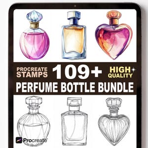 Op de afbeelding: Digitale illustraties van parfumflesjes in diverse vormen en kleuren, waaronder een hartvormige fles. De afbeelding bevat de tekst "Procreate Stamps" en "109+ High Quality Perfume Bottle Bundle."