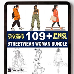 Pode incluir: Pacote de arte digital com ilustrações de mulheres em streetwear. A imagem inclui desenhos coloridos e em tons de cinza de mulheres em várias poses, usando jaquetas, calças cargo e tênis. O texto na imagem diz "Procreate Stamps 109+ PNG Included Streetwear Woman Bundle."
