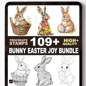 Könnte beinhalten: Digitale Procreate-Stempel mit Hasenillustrationen. Das Bild zeigt eine Vielzahl von Hasen-Designs, darunter ein Hase in einem Korb, ein Blumenhase und Hasen mit Ostereiern. Der Text lautet "Procreate Stamps" und "Bunny Easter Joy Bundle."