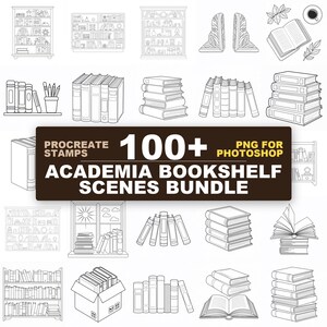 May include: A digital collection of black and white line art illustrations featuring various bookshelves, stacks of books, open books, and reading accessories. A central dark brown rectangular label displays the text: PROCREATE STAMPS 100+ PNG FOR PHOTOSHOP ACADEMIA BOOKSHELF SCENES BUNDLE.