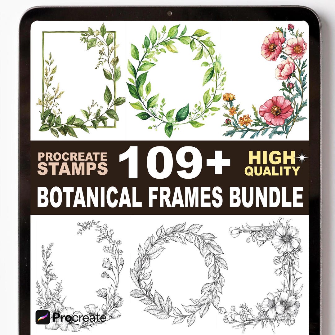 Botanical Frame Procreate Stamps Set | 100+ Floral Borders Wreath ...