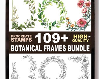 ボタニカルフレーム Procreate スタンプセット | 100種類以上の花柄ボーダー、リース、葉っぱのラインアートブラシ | Procreate Bloom