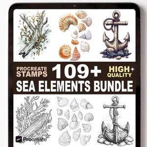 Puede incluir: Paquete de arte digital con más de 109 elementos marinos, incluyendo conchas, anclas y corales. La imagen muestra ilustraciones en color y escala de grises, con el texto "Procreate Stamps" y "Sea Elements Bundle".
