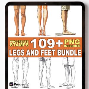 May include: Digital art bundle displayed on a tablet screen. The image features various illustrations of legs and feet in different poses and styles. Text on the image reads "Procreate Stamps 109+ PNG Included" and "Legs and Feet Bundle".