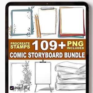 Puede incluir: Paquete de arte digital para Procreate, con sellos de guion gráfico de cómic. Incluye más de 109 archivos PNG, con marcos, lápices, un portapapeles y una pila de libros. El texto dice "Procreate Stamps 109+ PNG Included Comic Storyboard Bundle."
