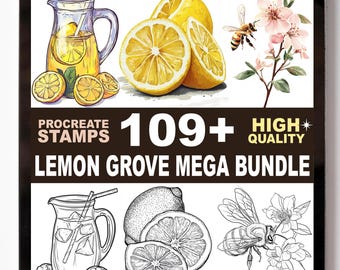 Set de sellos Procreate Lemon Grove (más de 109 unidades): Ramas de cítricos, fruta fresca, decoración soleada
