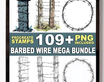May include: Digital art bundle featuring various barbed wire designs, including illustrations of stone pillars, wooden posts, and circular arrangements. The text on the image reads "Procreate Stamps 109+ PNG Included Barbed Wire Mega Bundle."