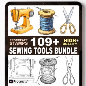 Puede incluir: Ilustración digital de herramientas de costura, que incluyen una máquina de coser amarilla, carretes de hilo y tijeras. El texto dice "Procreate Stamps 109+ High Quality Sewing Tools Bundle."
