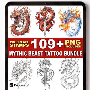 May include: A digital tablet displays a collection of dragon illustrations. The images include detailed drawings of dragons in various colors and styles, with text that reads "Procreate Stamps 109+ PNG Included Mythic Beast Tattoo Bundle."