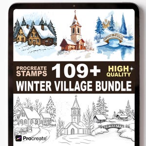 Può includere: Pacchetto di arte digitale con scene di villaggi invernali. L'immagine mostra dipinti ad acquerello e disegni al tratto di case, chiese e ponti innevati. Il testo sull'immagine recita "Procreate Stamps" e "Winter Village Bundle". Il pacchetto include oltre 109 immagini di alta qualità.