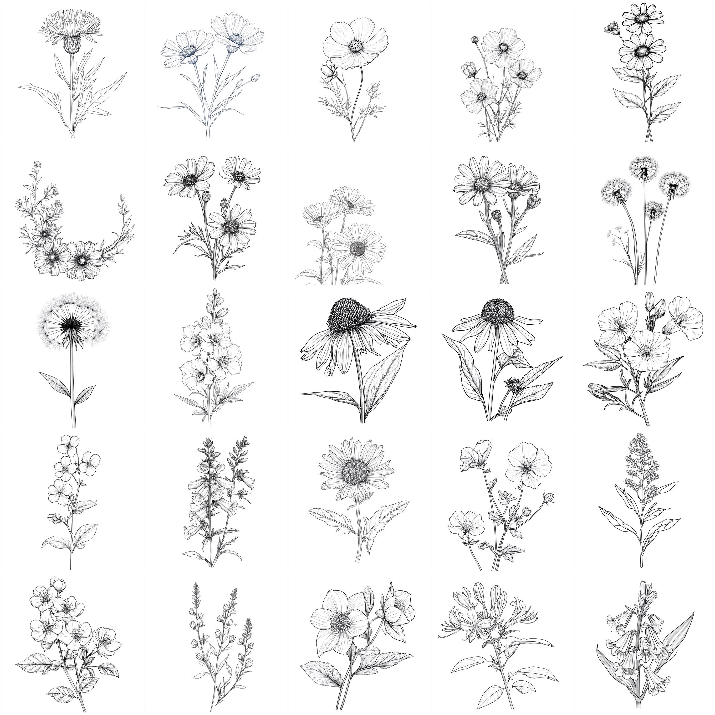 109+ Wildflower Linework Procreate Stamp Set – Floral Outlines, Petals ...