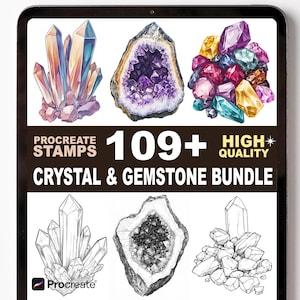 Puede incluir: Paquete de arte digital con ilustraciones en color y escala de grises de cristales y piedras preciosas. La imagen incluye el texto "Procreate Stamps" y "Crystal & Gemstone Bundle" con el número "109+" y "High Quality".