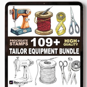 May include: Digital illustration of tailor equipment, including sewing machines, spools of thread, measuring tapes, and scissors. The image includes the text "Procreate Stamps 109+ High Quality Tailor Equipment Bundle."