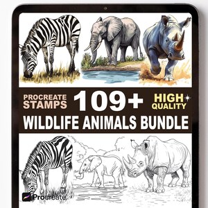 Puede incluir: Un paquete de arte digital con ilustraciones de animales salvajes, incluyendo una cebra, un elefante y un rinoceronte. La imagen incluye el texto "Procreate Stamps" y "109+ High Quality Wildlife Animals Bundle."