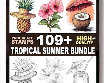 109+ Tropical Summer Procreate Stamp Set Palm Leaves Fruity Drinks Sunny Vibes