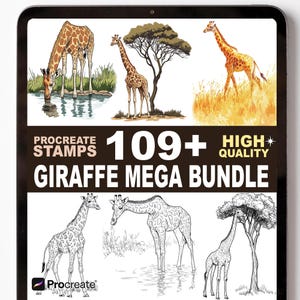 May include: A digital art bundle featuring giraffe illustrations. The image showcases various giraffe depictions, including color and black-and-white drawings, with the text "Procreate Stamps" and "Giraffe Mega Bundle". The bundle includes over 109 high-quality images.