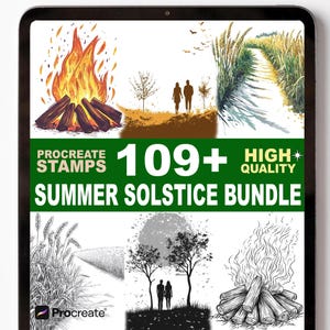 May include: A digital art bundle displayed on a tablet screen. The image features illustrations of a bonfire, wheat fields, and silhouettes of people. Text reads "Procreate Stamps" and "Summer Solstice Bundle."