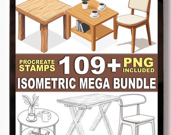 May include: Isometric mega bundle of furniture stamps for Procreate. The image shows various tables, chairs, and coffee tables in both color and line art. The text reads "Procreate Stamps 109+ PNG Included Isometric Mega Bundle."