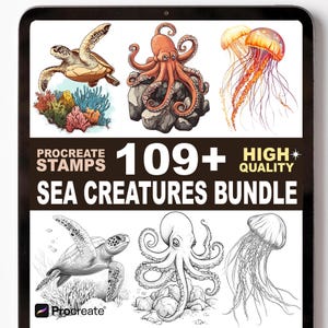 May include: A digital art bundle featuring colorful and black and white illustrations of sea creatures, including turtles, octopuses, and jellyfish. The text reads "Procreate Stamps 109+ High Quality Sea Creatures Bundle."