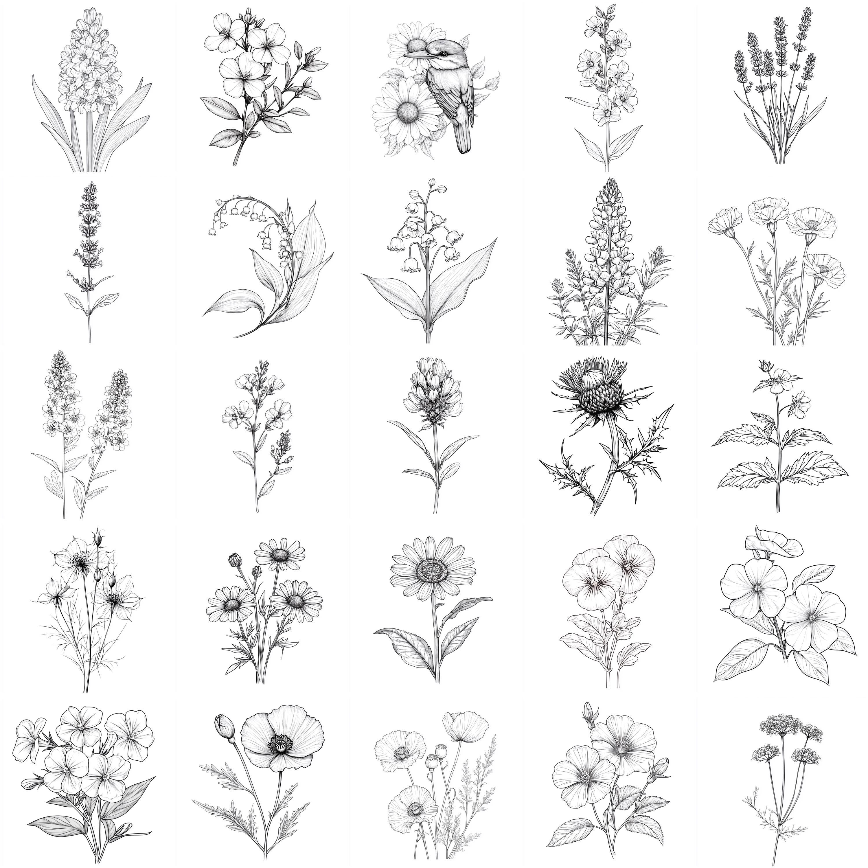 109+ Wildflower Linework Procreate Stamp Set – Floral Outlines, Petals ...