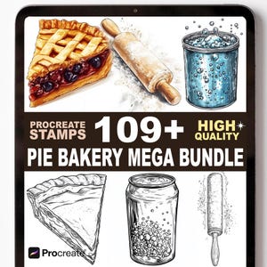 Könnte beinhalten: Digitales Kunstpaket mit Illustrationen zum Thema Kuchen. Enthält ein Stück Kirschkuchen, ein Nudelholz und einen Wasserbehälter. Der Text lautet "Procreate Stamps" und "Pie Bakery Mega Bundle". Das Paket enthält 109+ hochwertige Bilder.
