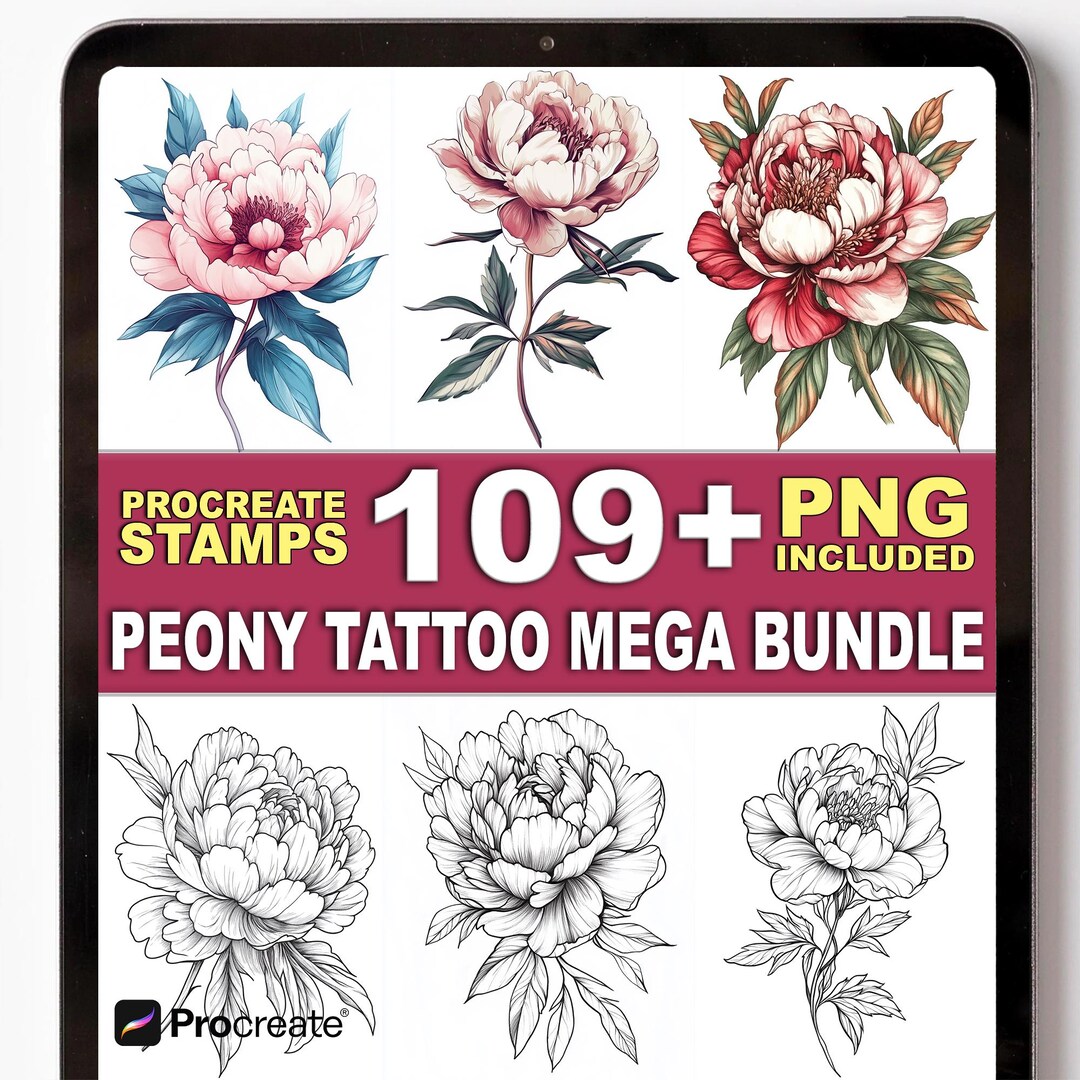 109+ Peony Tattoo Procreate Stamps – Floral Peony Outlines & Tattoo ...