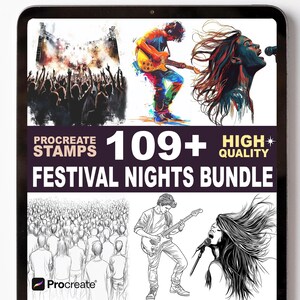 May include: Digital art bundle for Procreate with the text "Procreate Stamps" and "Festival Nights Bundle". The images include illustrations of musicians, crowds at concerts, and a stage with lights. The bundle contains 109+ high-quality stamps.