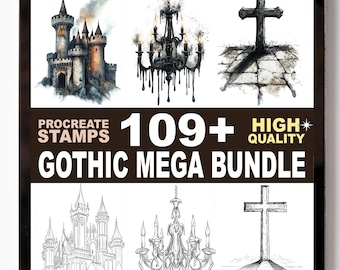 Gothic Procreate Stamps Set | 109+ Dark Vintage Architecture Skull Candle Brush Pack | Procreate Bloom