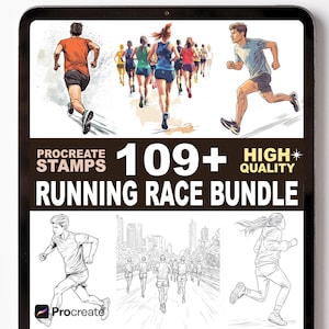 May include: Digital art bundle for Procreate featuring running race illustrations. The image shows multiple runners in action, with the text "PROCREATE STAMPS 109+ HIGH QUALITY RUNNING RACE BUNDLE". The illustrations are in color and black and white.