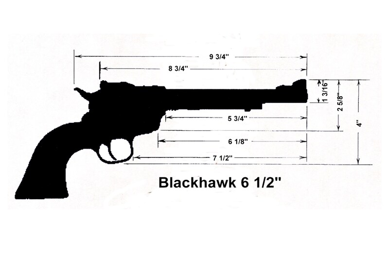 May include: A black silhouette of a Blackhawk 6 1/2" revolver with measurements in inches. The gun is shown in profile with the barrel pointing to the right.