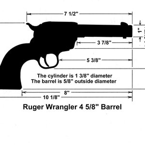 May include: A black and white line drawing of a Ruger Wrangler 4 5/8" Barrel revolver with measurements in inches. The cylinder is 1 3/8" in diameter and the barrel is 5/8" in diameter.