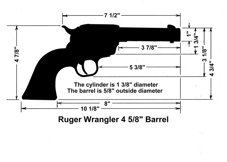 May include: A black and white line drawing of a Ruger Wrangler 4 5/8" Barrel revolver with measurements in inches. The cylinder is 1 3/8" in diameter and the barrel is 5/8" in diameter.