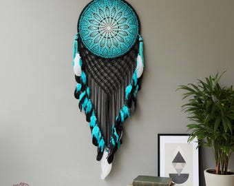 Black and Turquoise Dreamcatcher - Large Crochet Mandala Wall Hanging - Gothic Boho Decor - Tribal Feather Art - Statement Piece for Bedroom