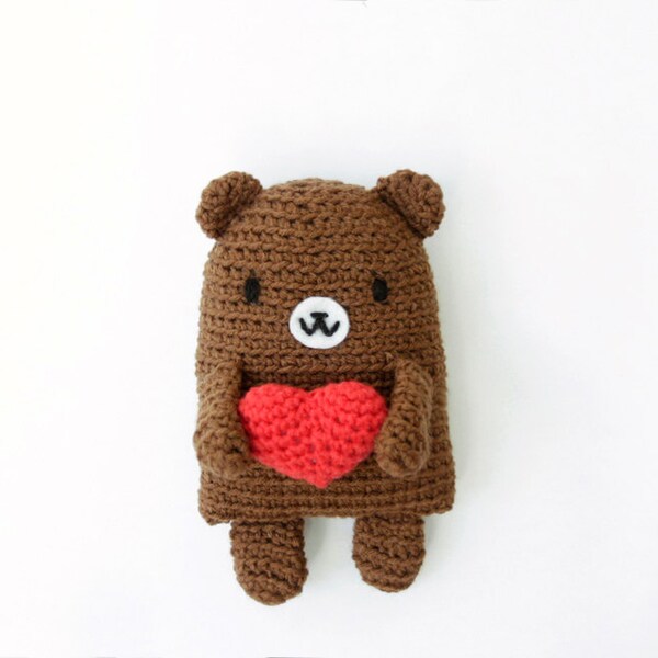 Crocheted Amigurumi Brown Teddy Bear with Red Amigurumi Heart Brooch, Softie Plush Bear with Red Heart Pin