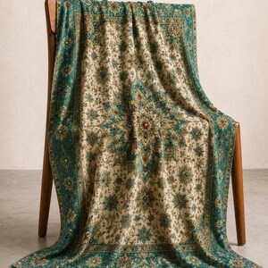Manta persa turquesa con medallón floral de cristal rubí, manta oriental de lujo, regalo decorativo