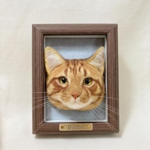 May include: A needle-felted orange tabby cat head mounted inside a dark brown wood-grain frame. The cat has yellow eyes, white whiskers, and a pink nose. A small gold-toned metal plaque at the bottom of the frame features the name Baron.