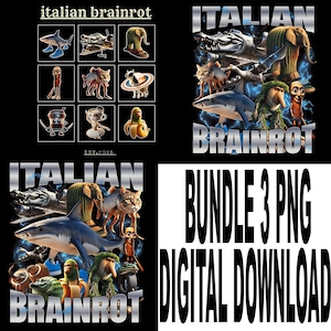 Op de afbeelding: Een digitale downloadbundel met drie PNG-afbeeldingen met de tekst "ITALIAN BRAINROT" en verschillende stripfiguren, waaronder een haai, een kat en een olifant. De afbeeldingen zijn in zwart en wit.