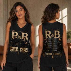 May include: A black sleeveless V-neck tank top featuring a gold glitter graphic of Usher and Chris Brown. The front displays the text THE R&B TOUR USHER RAYMOND CHRIS BROWN. The back lists tour dates and locations with the same gold glitter aesthetic.
