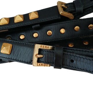 Rena Lange Black Leather Belt with Gold-Tone Rectangular Buckle 1990s Rena Lange Black and Gold  main image 3