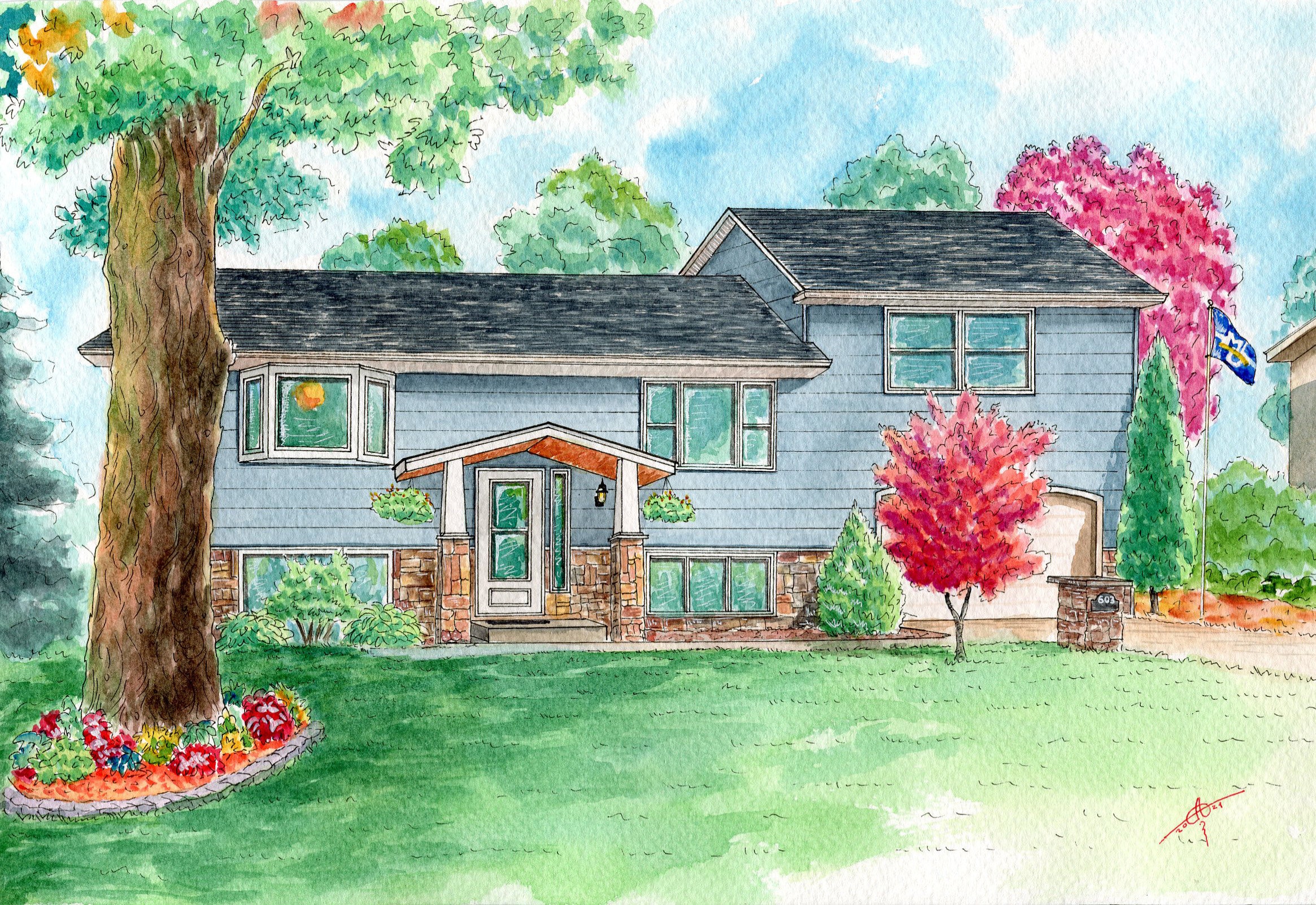 Zeichnung von Foto Aquarell Haus Portrait Malerei vom Foto Etsy