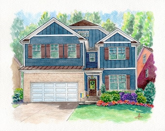 Custom home portrait watercolor, Hand-painted watercolor house, Watercolor from photo, Just art in around the house
