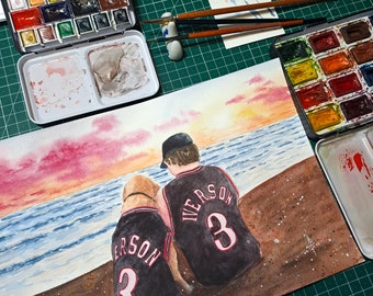 May include: Watercolor painting of two people wearing jerseys with the numbers 3 and 3 on them, standing on a beach with a dog. The sky is pink and orange, and the water is blue.