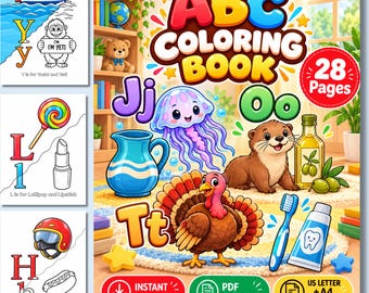 May include: An ABC coloring book with 28 pages featuring colorful illustrations of a jellyfish, turkey, otter, and various objects. The cover displays the text ABC COLORING BOOK, INSTANT DOWNLOAD, PDF PRINTABLE, and US LETTER + A4 FORMAT.