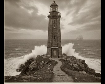 May include: Sepia-toned image of a stone lighthouse on a rocky outcrop, with waves crashing against the base. A path leads to the lighthouse door. The sky is overcast, and a ship sails in the distance. The image has a vintage aesthetic.