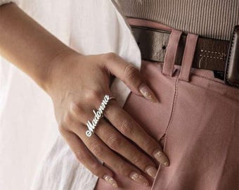 Custom Two-Finger Name Ring, Stainless Steel Script Band, Personalized Jewelry Gift