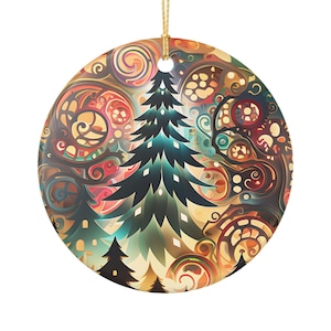 Keramisch ornament, rond abstract boomontwerp met gouden ophangkoord.