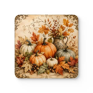 Puede incluir: Un posavasos cuadrado con una ilustración otoñal de cuatro calabazas en tonos naranja, blanco y verde suave. La escena incluye hojas de otoño, bayas y una jarra decorativa, todo enmarcado por un borde con ornamentos de volutas.