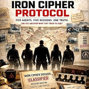 May include: A promotional image for "The Iron Cipher Protocol." The poster features five agents, a map, and classified documents. Text includes "Five Agents, Five Missions, One Truth." The colour scheme is dark with red and white text.