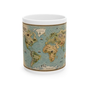 May include: A white ceramic mug featuring a vintage-style world map illustration. The design includes labeled continents, oceans, and small drawings of animals, ships, and trees. The text "EXPLORER'S JOURNEY" is printed in a dark font on the left side.