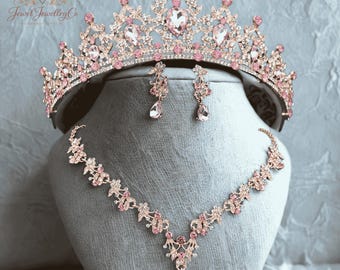 Pink Bridal Jewelry Set Tiara Crown, Necklace Earrings, Wedding Crown Set, Crystal Rhinestone Bridal Set, Pink Princess Party Headpiece Gift